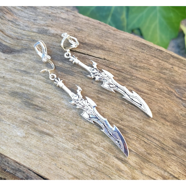 Clip-on sword earrings, Fantasy weapon jewelry Witchy women or mens long silver dangle gothic dagger earrings Medieval blade knife Gift idea