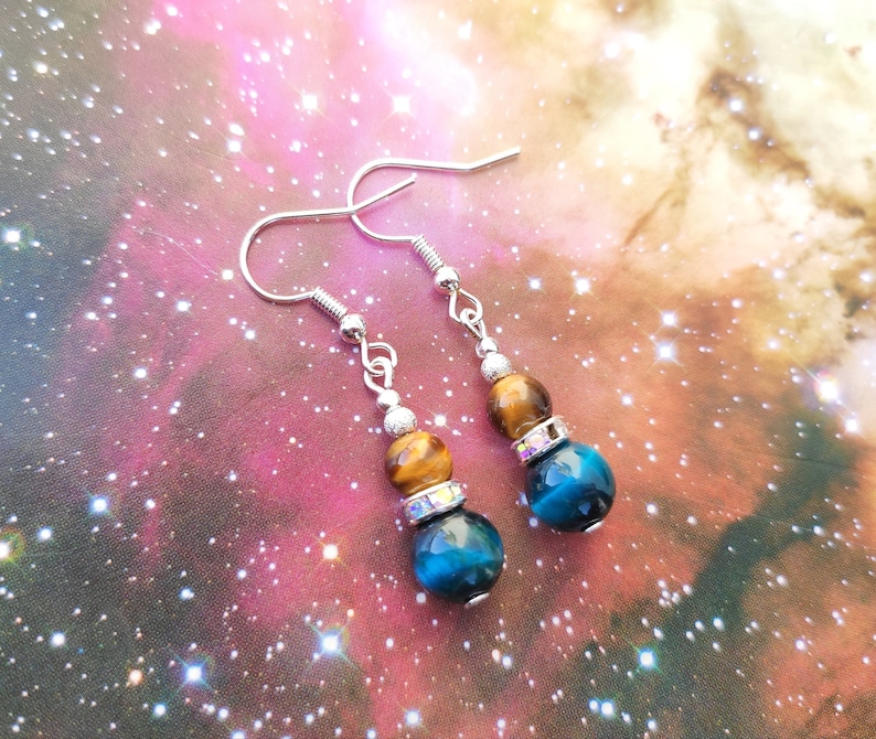 Tigers Eye Earrings 925 Silver Natural Gemstone Boho Jewelry Gold Blue Turquoise Round Beads Colourful Dangle