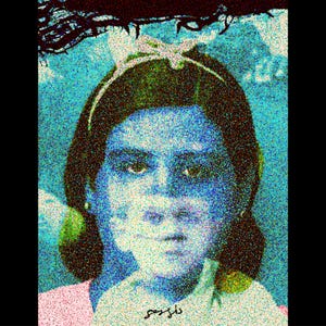 Ritratto blu di donna e bambino – Arte murale surreale, stampa giclée da lastra di vetro fuso / di Sergis Hadjiadamos