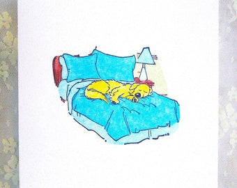 Dog Laying on a Bed Greeting Card: Add a Greeting or Leave Blank