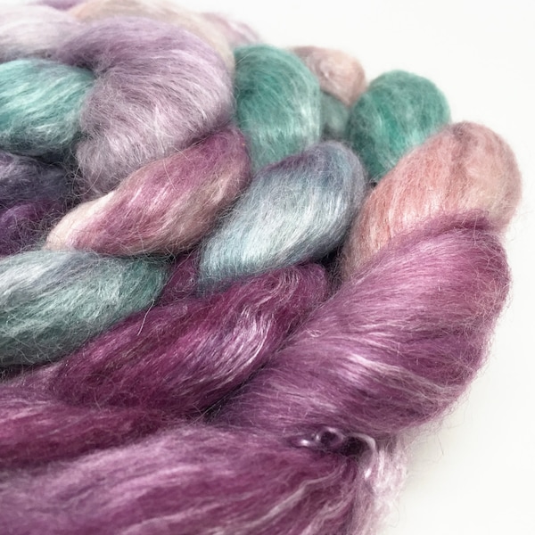 roving alpaca, silk, seacell wool-free top, spinning fibre, hand dyed 100g - Zen Garden - jade, pink, plum