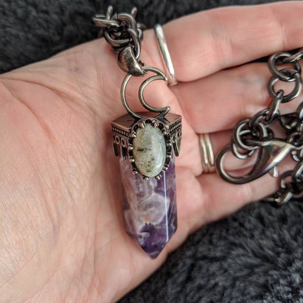 Witchy Necklace Amethyst Point Pendant with Moon and Labradorite Necklace Witch Jewelry Moon Necklace