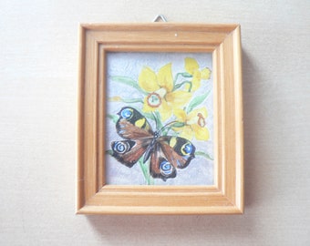 Small Butterfly on Daffodils Painting - Original Monarch Butterfly Painting - Mini Butterfly Painting Framed