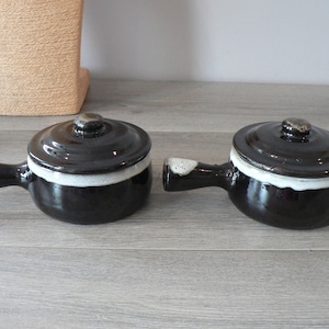 2  French Onion Soup Bowls - Brown Drip Glazed Terracotta Soup Bowl Mugs  Lidded and Handled  - Ceramic Soup Cups or Bowls