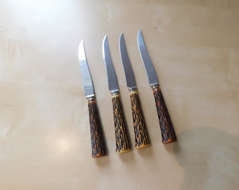 4 Vintage Steak Knives with Faux Antler Handles