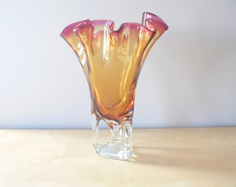 Hand Blown Art Glass Amber Orange Vase with Fuchsia Pink Ruffle Rim and Clear Footed Base - Fazzoletto Vase - Handkerchief Vase