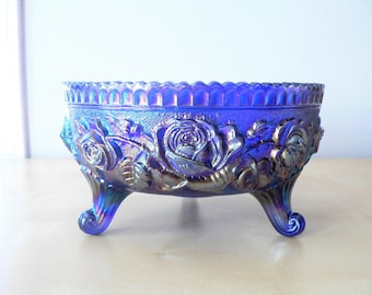 Iridescent Cobalt Blue Bowl - Embossed Rose Bowl - Carnival Glass Footed Bowl - Wedding / Housewarming Gift - Heavy Depression Glass Bowl