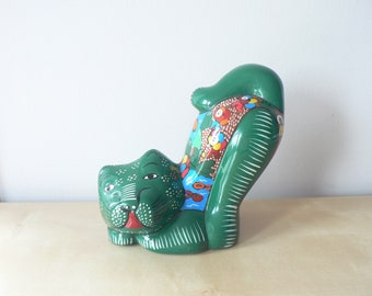 Vintage Mexican Tonala  Cat - Green Painted Terra Cotta Cat Figurine - Art - Green Colorful Cat -Mexican Folk Art Cat Figurine