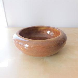 May include: A brown ceramic bowl with a rounded shape and a glossy finish.