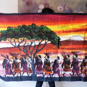 African Wax Oil Cloth Wall Tapestry - Going to the Market Scene - Ankara Cloth Landscape Picture - African Villagers Wax Oil