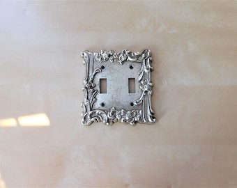 Vintage Brass Double Light Switch Plate in a Floral Rose Scroll Pattern