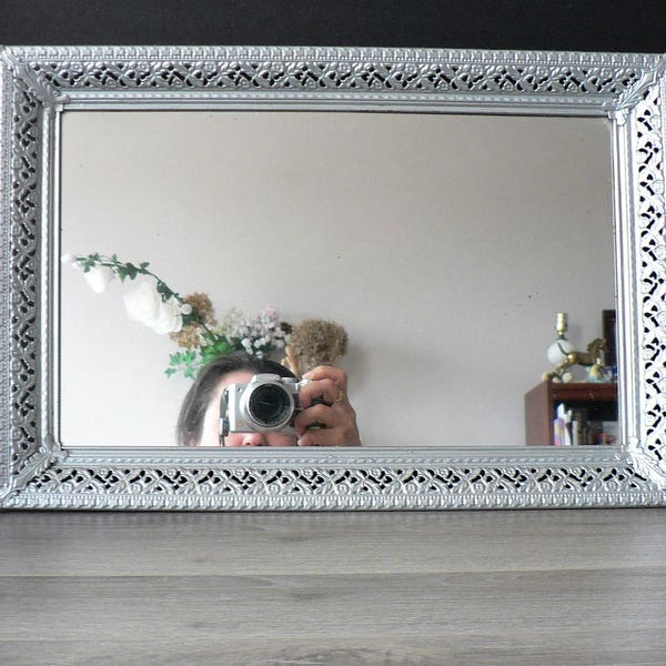 Vintage Silver Filigree Mirror Vanity Tray or Wall Mirror - Rectangular Vanity Tray