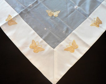 Yellow Beige Chiffon Table Topper with Embroidered Butterflies