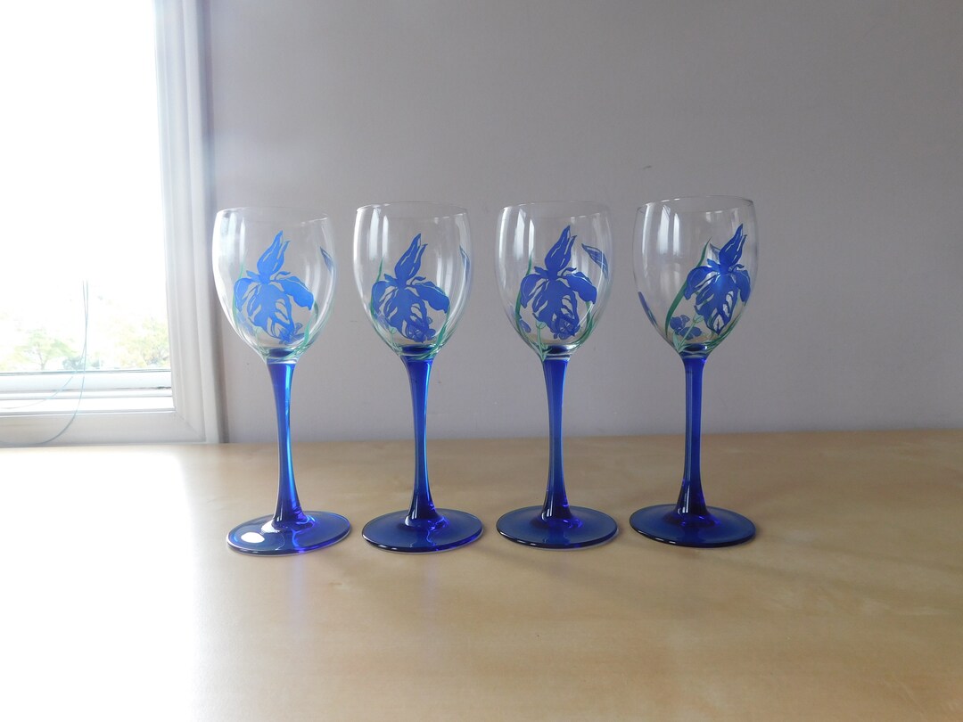 4 four France LUMINARC Blue Stem Wine Glasses With Blue Iris Motif Etsy