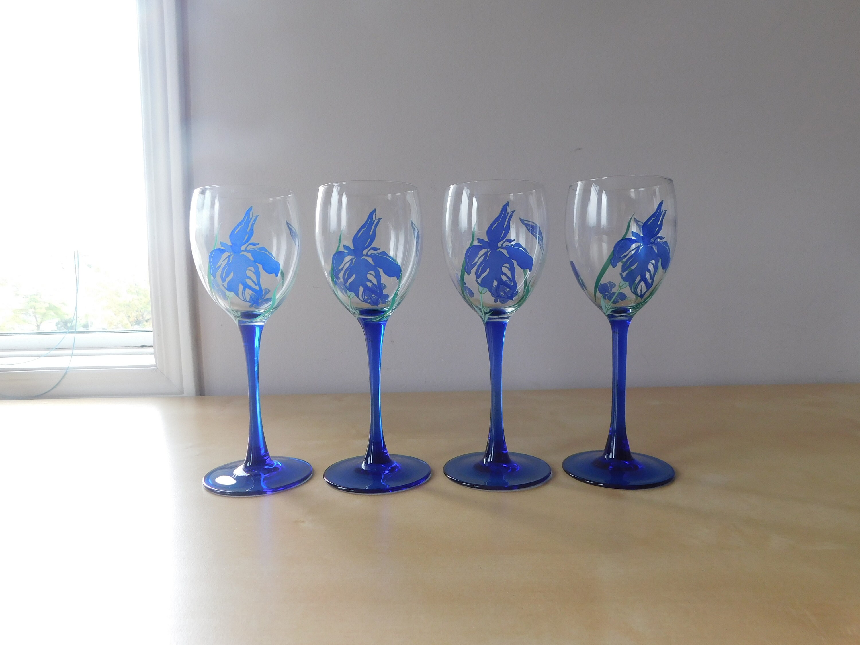 2 unique Wine Glass Goblet Blue/beige/burgundy pottery Glazed stem & Base  8