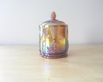 Vintage Amber Carnival Glass Lidded Canister: Indiana Glass Harvest Pattern