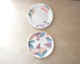 2 Hand Painted Stoneware Plates - Floral and Fruit Painted Plates