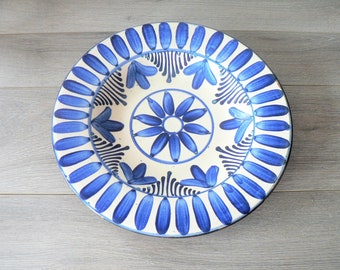 Romanian Blue and White Terra Cota Dish Wall Decor in A Traditional Folk Art Design