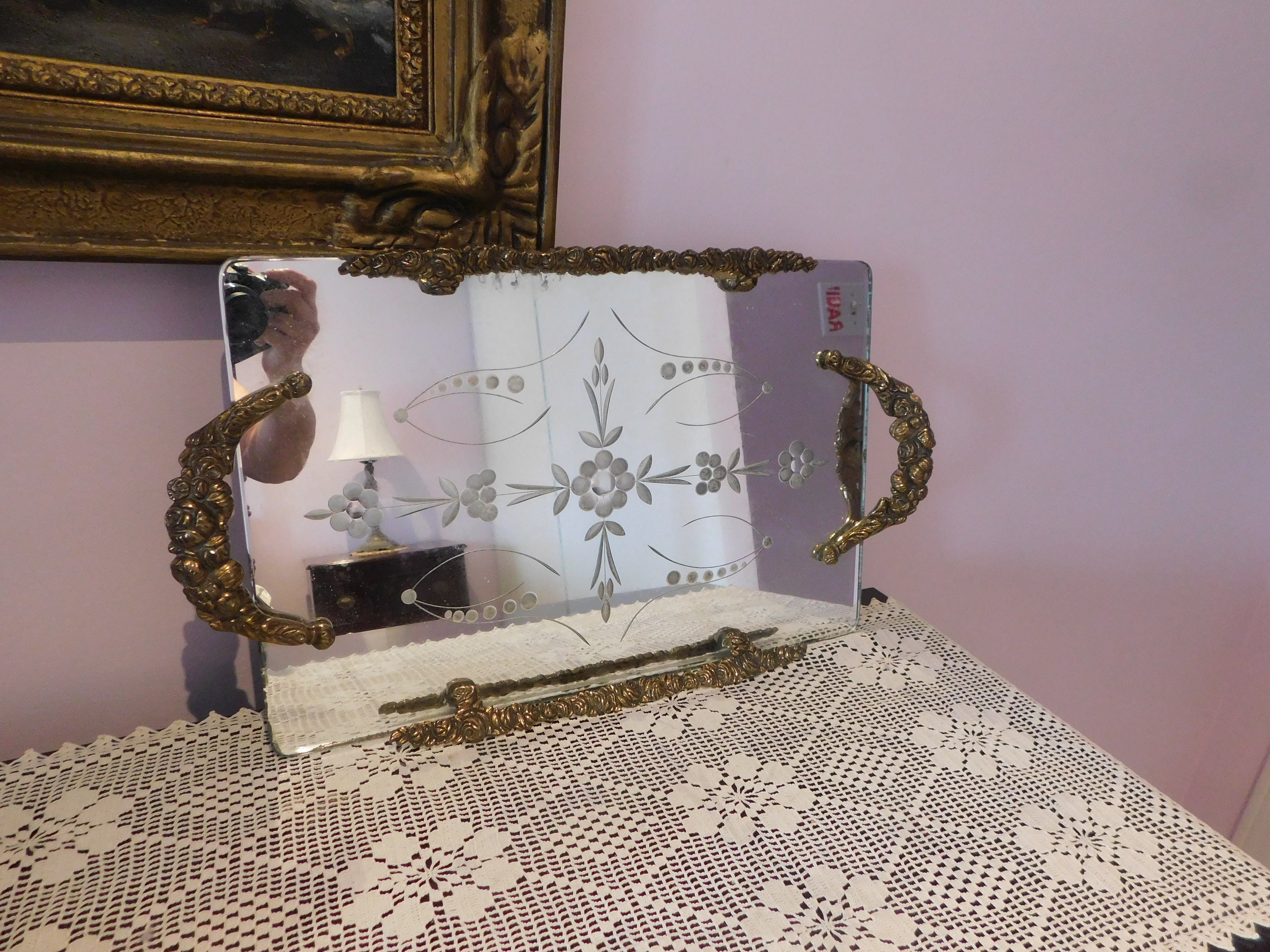 Vintage Mirror Vanity Tray With Brass Floral Handles Etsy