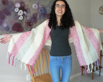 Cream Pink Mohair Wool Blend Shawl Scarf