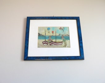 Pintura al óleo de payaso surrealista: Escena de playa, marco lacado azul