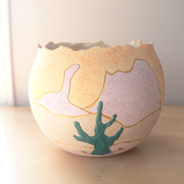 Original Southwestern Ceramic Planter in Pastel Colors and Gold - Southwestern Hand-Made Round Plant Pot - Vase  Bowl Desert Cactus Planter