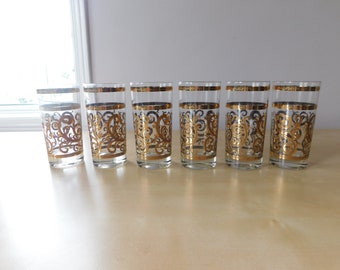 6 Vintage Culver Gold Scroll Tall Tumblers