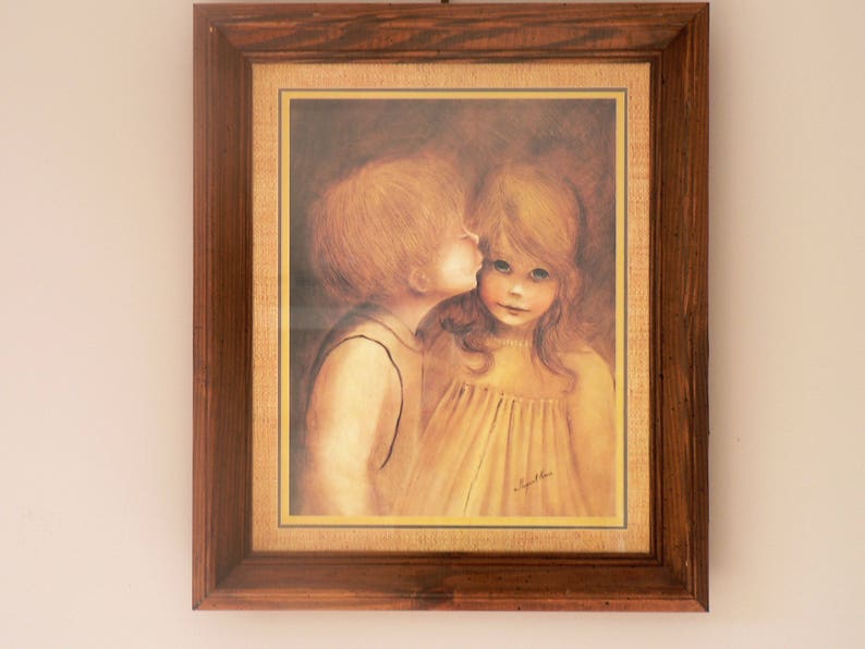 Vintage Lithograph Boy Kissing Girl Framed Child S Bedroom Decor