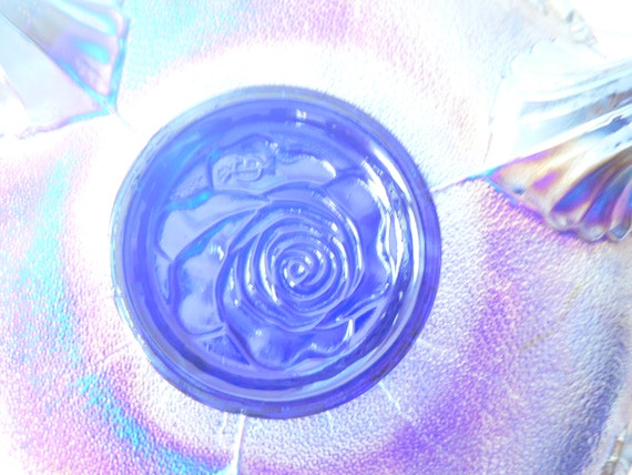 Iridescent Cobalt Blue Bowl: Embossed Rose Carnival Glass Footed