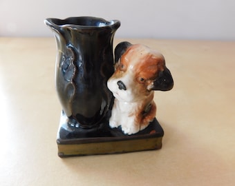 Mini Ceramic Puppy Dog with Vase / Pencil Holder