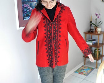 Romanian Folk Red Woolen Coat with Black Embroidery -  Hooded - Size Small (S)