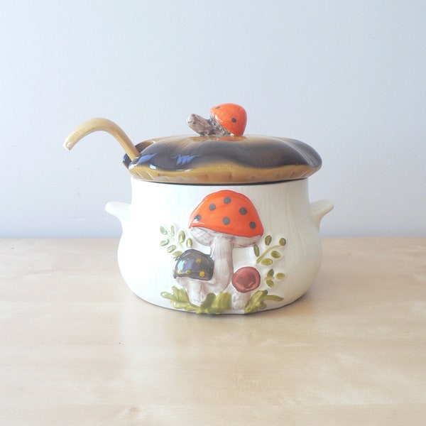 Merry Mushroom Ceramic Soup Tureen / Lidded Pot / Lidded Bowl with Ladle / Sauce Bowl - Retro Kitchen