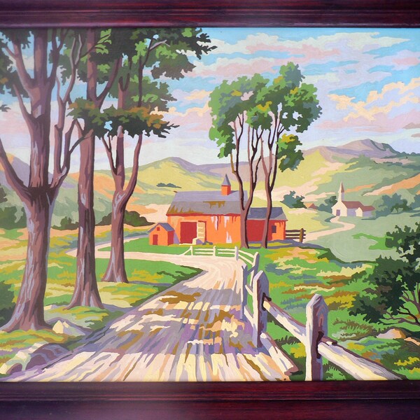 18 x 24 Large Vintage Paint By Numbers Oil Painting Red Barn Countryside Rolling Hills White Chapel  Country Road Farm Landscape PBN Trees