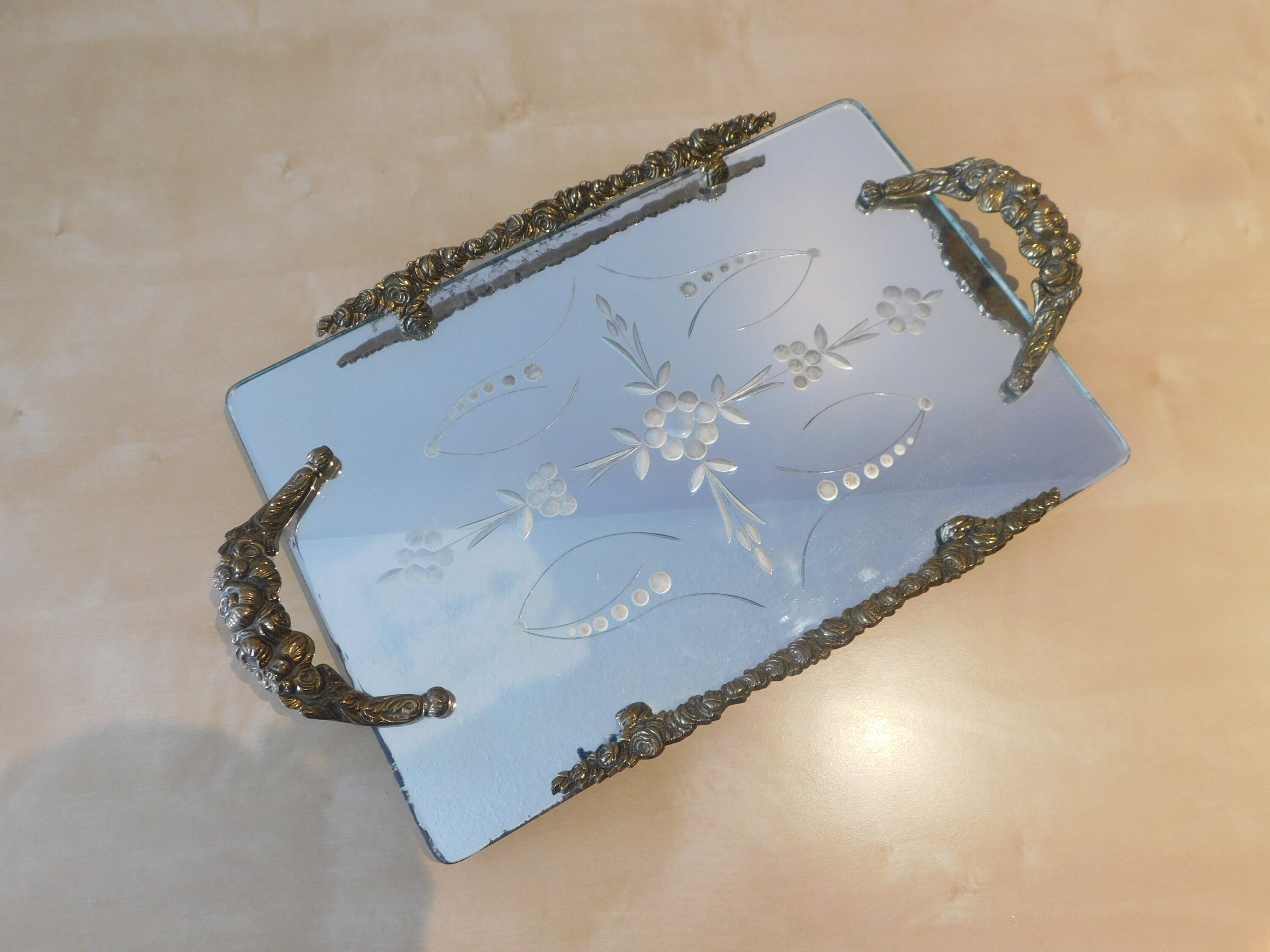 Vintage Mirror Vanity Tray With Brass Floral Handles Etsy