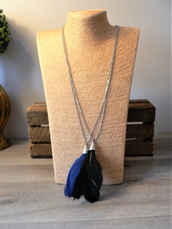Feather Tassel Necklace Pair Blue Feather Tassel Necklace Black Feather Tassel Necklace Etsy