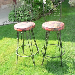 ARTHUR UMANOFF Wrought Iron Swivel Bar Stool Pair - Vintage Bar -  Mid Century Hair Pin Bar Stools - Local Pick-Up
