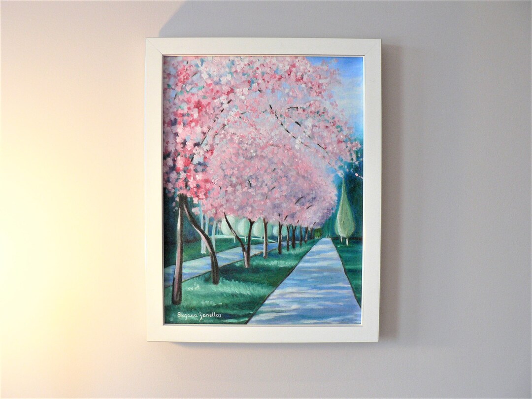 Original Pink Cherry Blossom Trees Oil Painting Park Landscape Oil ...