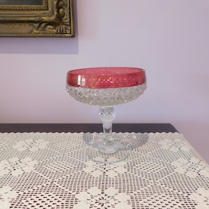 May include: A clear glass candy dish with a red rim and a diamond pattern. The dish is on a white crocheted doily.