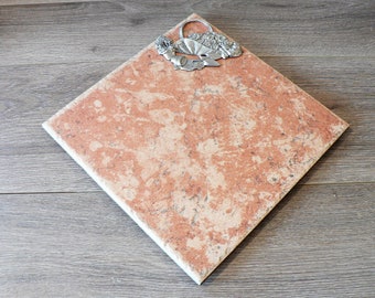 Italian Ceramic Cheese Tray: Pewter Garden Theme, Salmon Marble Stone
