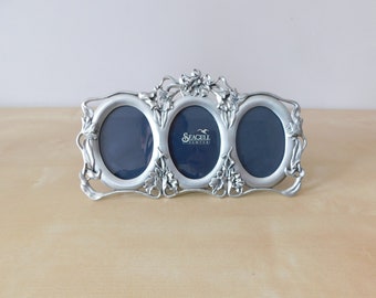 Seagull Pewter Three Photo Frame in an Ornate Floral Design - Lilies