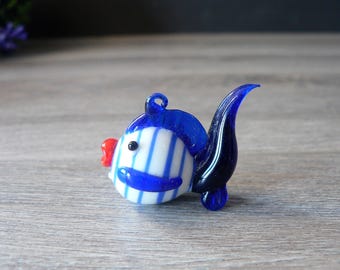 Mini Art Glass Blue and White Striped Tropical Fish Murano Style