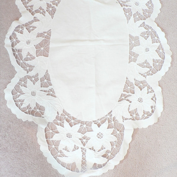 Oval White Embroidered Flowers and Cut-Work Table Topper - Open-Work Cotton Table Doily