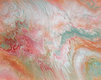 Abstract painting orange, pink, green, gold, white