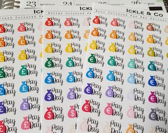 Coloured Dollar / Euro / Pound Pay Day Decorative Planner Stickers Bullet Journal