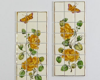 HAND PAINTED: Yellow roses with butterflies -Miniature tile murals