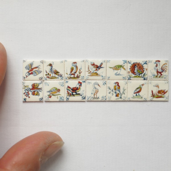 14 Miniature Porcelain Tiles - printed Dutch Designs - Feathered Animals