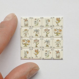 16 Miniature Porcelain Tiles - printed Dutch Flowers