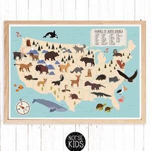 World map print, Nursery world map, Nursery wall art, Map wall art, Animals of america, United States animals, Nursery wall print, Map art