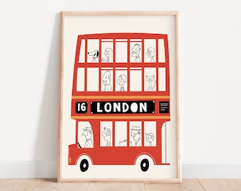 London print, London bus, London wall art, Nursery London, Cute art print, Nursery wall decor, London wall decor, Kids room art, Nursery bus