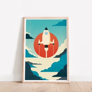 Space print, Spaceship art, Nursery wall art, Nursery wall decor, Retro nursery, Vintage nursery, Kids room art, Kids room decor, Artwork image 1